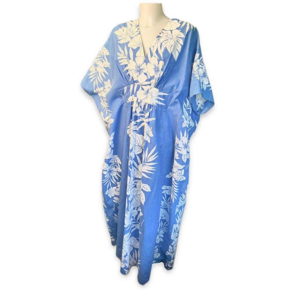 Tamare Hawaiian Islands Blue Hibiscus Floral Kaftan Maxi Dress OS Vintage Boho